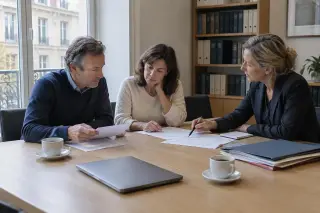 Un couple et son avocate relisent un projet de convention autour d'une table de réunion dans un cabinet lumineux